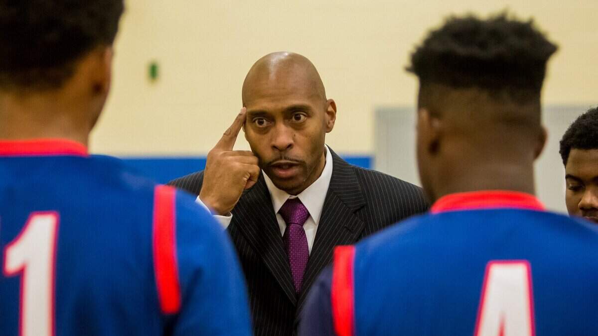 York Prep head coach Larry Davis directs his team during the 2018 Chick-fil-A Classic at Richland Northeast High School.
