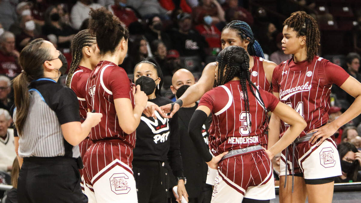 University of South Carolina Head Coach Dawn Staley talks to the team during the second half of action against Vanderbilt on Monday Jan, 24, 2022 in the Colonial Life Arena.