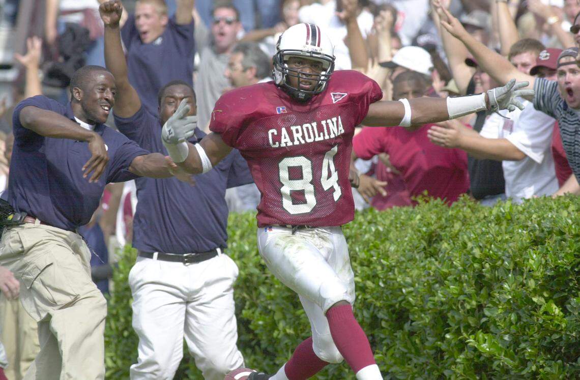 Jermale Kelly celebrates after scoring the go-ahead touchdown on a fade pass from QB Erik Kimrey that gave the Gamecocks a 20-19 lead over Mississippi State on Sept. 23, 2000 at Williams-Brice Stadium. USC went on to win 23-19.