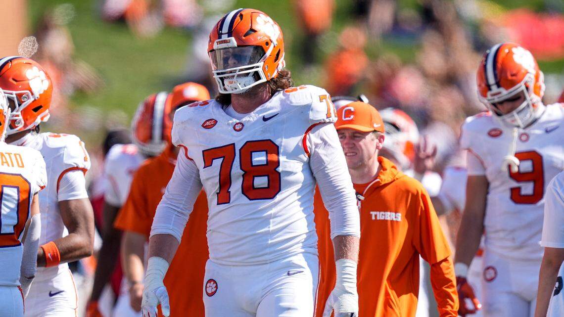 Oct 12, 2024; Winston-Salem, North Carolina, USA; Clemson Tigers offensive lineman Blake Miller (78) during the second half against the Wake Forest Demon Deacons at Allegacy Federal Credit Union Stadium.