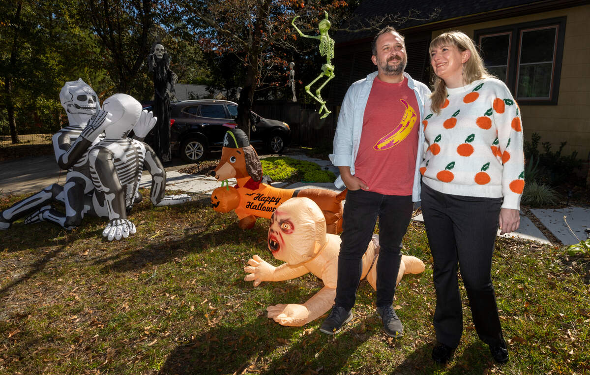 Nathaniel Bell and his fiancé Sarah Kelley are in trouble with Columbia code enforcement about their halloween decorations. The citation to remove the decorations or be fined or face jail time declares the embracing skeletons, that they purchased on Amazon, as lewd and a common nuisance. Thursday Oct. 27, 2022.