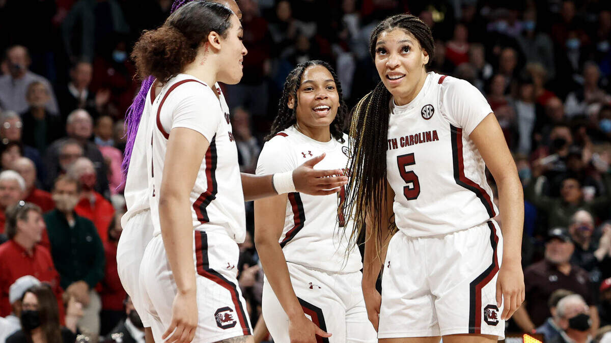 during the second half of action on Sunday, Dec. 12, 2021 in the Colonial Life Arena. Carolina won, 66-59.