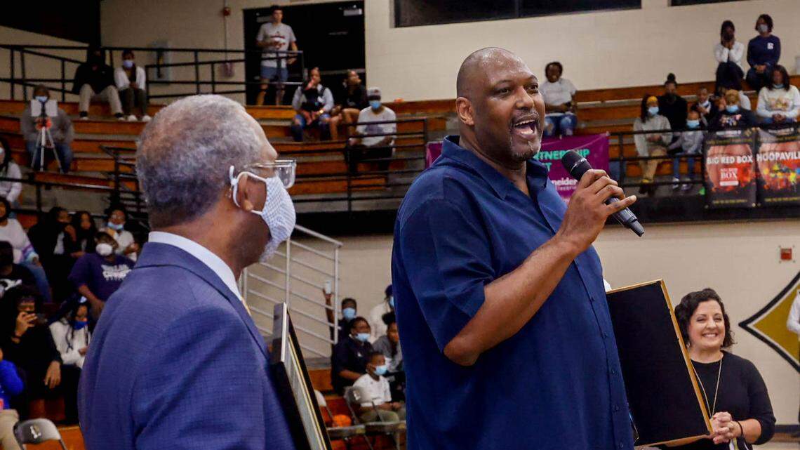 Stanley Robert’s jersey was retired during a ceremony at Lower Richland High School on Friday, Dec. 17, 2021. Roberts played at Lower Richland before going on to play professional basketball.
