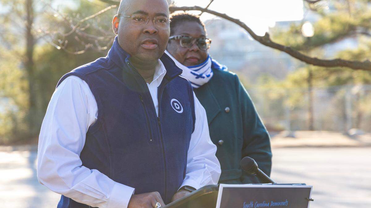 Democratic Party chair Jaime Harrison speaks to media before Democrats vote in Columbia, South Carolina on Saturday, February 3, 2024. This is the first time South Carolina has been the official first state for a Democratic Party Primary.