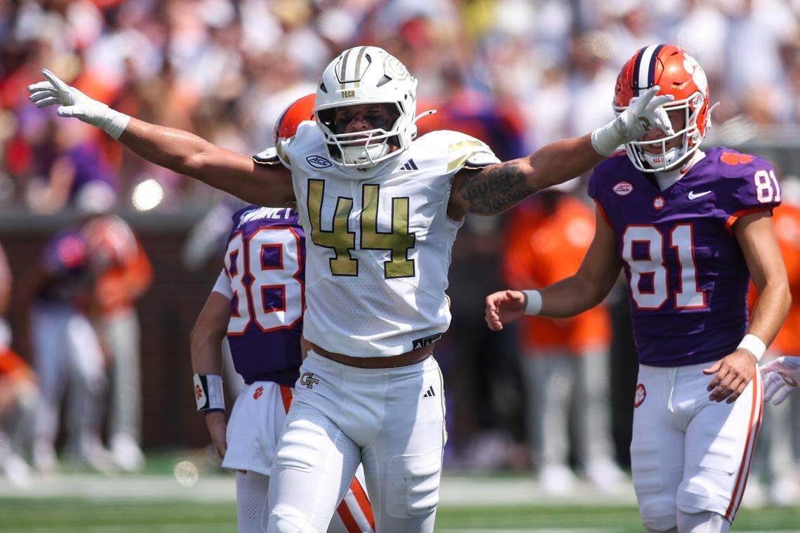 Georgia Tech Yellow Jackets linebacker Kyle Efford (44) reacts after a missed field goal by Clemson Tigers place kicker Nolan Hauser (81) in the first quarter at Bobby Dodd Stadium at Hyundai Field.