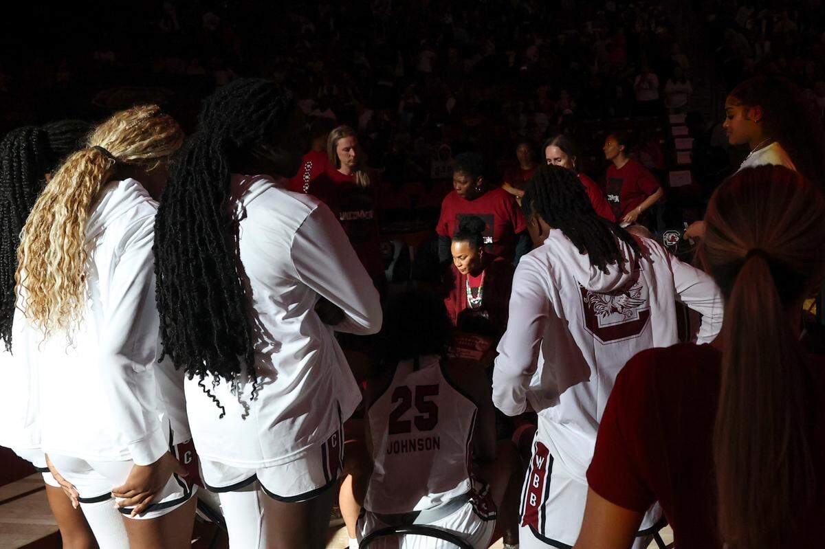 University of South Carolina Head Coach Dawn Staley talks with the team before playing Clayton State in an exhibition game in the Colonial Life Arena on Monday, Oct. 28, 2024.