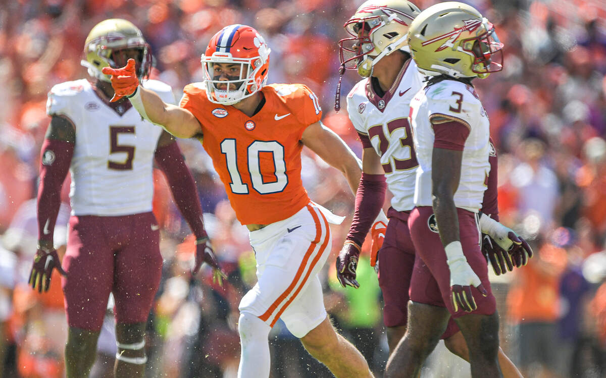 Clemson Tigers wide receiver Troy Stellato (10) celebrates after a catch against Florida State in 2023