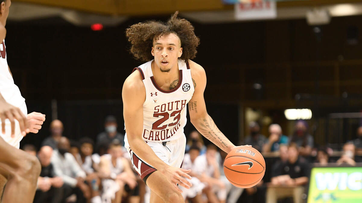 Freshman guard Devin Carter brings the ball up the court for the Gamecocks on Sunday in the Asheville Championship.