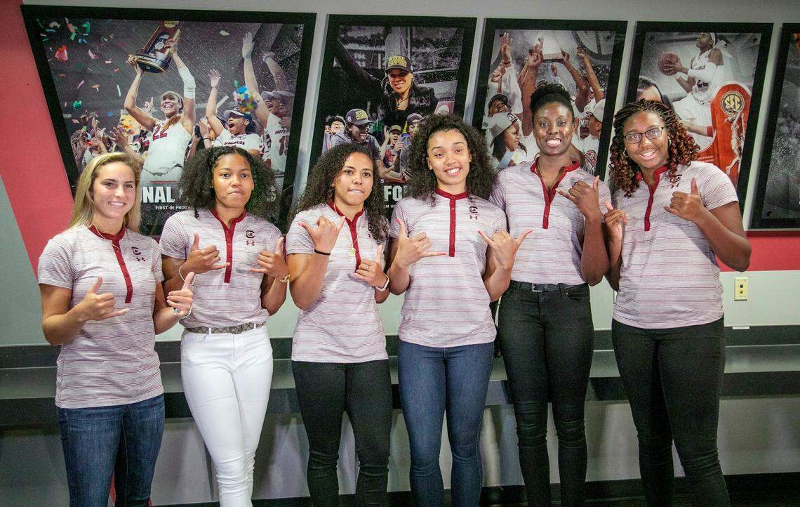 The University of South Carolina women’s basketball class of newcomers, pictured from left, are; Olivia Thompson, Zia Cooke, Destiny Littleton, Brea Beal, Laetica Amihere and Aliyah Boston. The class represents the best recruiting class in the nation. 7/2/19