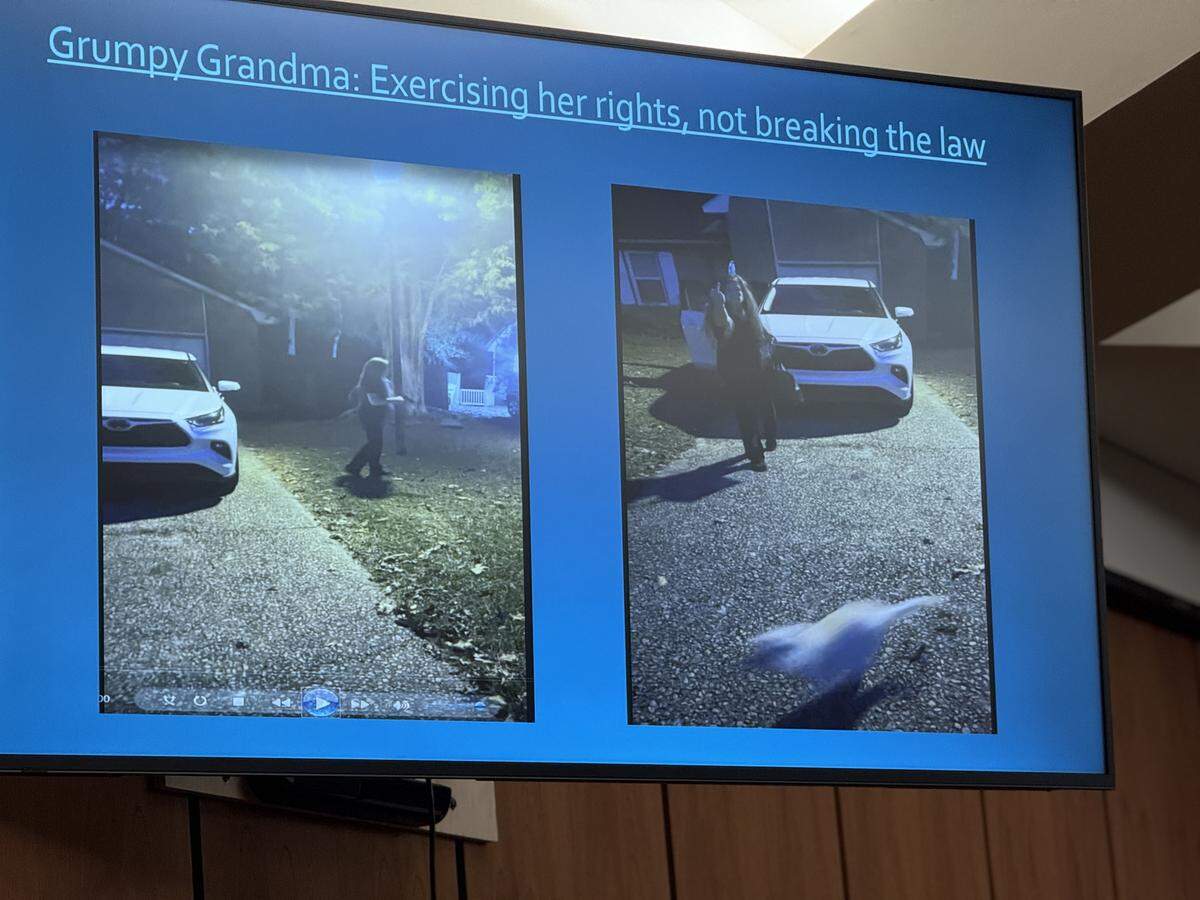 ‘Grumpy Grandma’ Deana Marlow exercises her First and Fourth Amendment rights to free speech and self-defense in these photos shown to a Richland County jury at her trial last week 