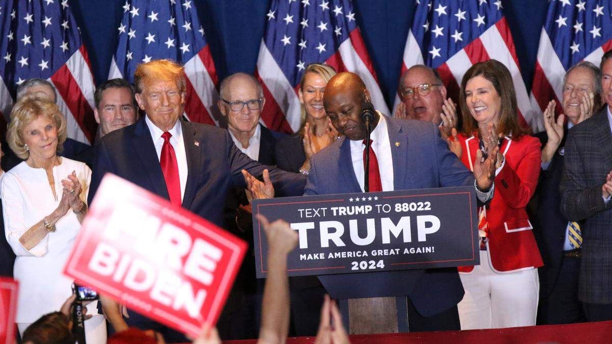U.S. Senator Tim Scott prepares to speak after being introduced by Donald Trump at the South Carolina State Fairgrounds on Saturday, Feb. 24, 2024.
