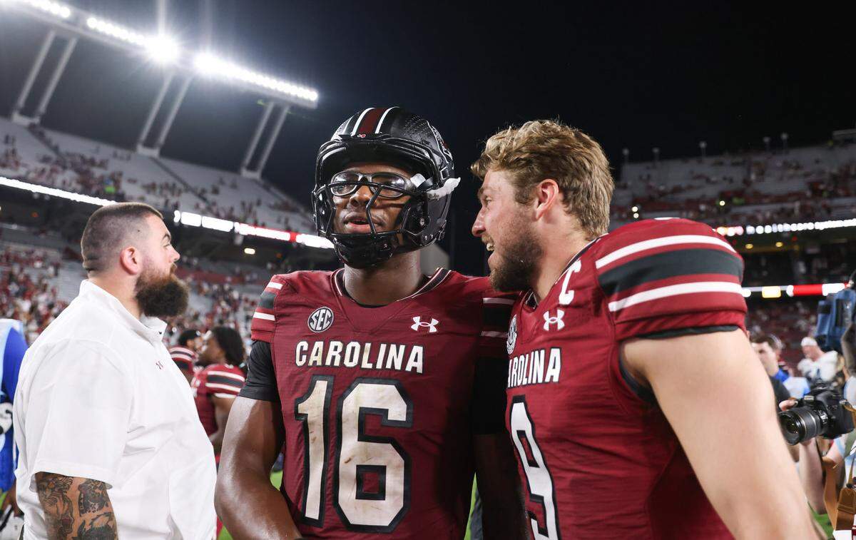 South Carolina quarterback Luke Doty (9) speaks with quarterback LaNorris Sellers (16) following the Gamecocks’ season opener against Old Dominion in Columbia on Saturday, August 31, 2024.