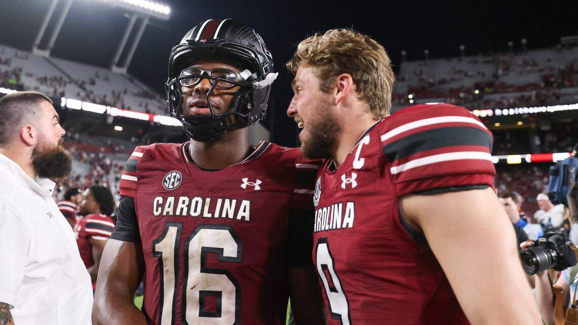 South Carolina quarterback Luke Doty (9) speaks with quarterback LaNorris Sellers (16) following the Gamecocks’ season opener against Old Dominion in Columbia on Saturday, August 31, 2024.