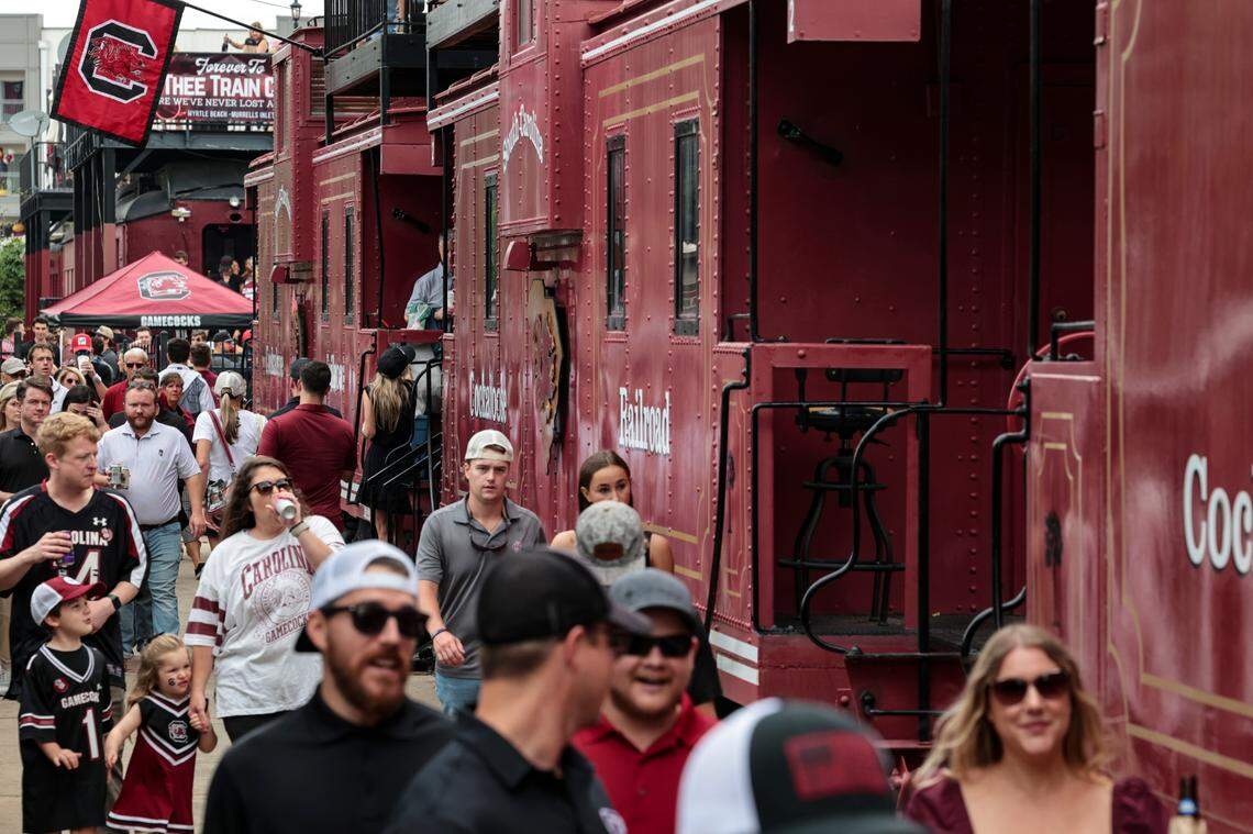 A line of 22 vintage railroad cabooses form the Cockaboose Railroad near the Williams-Brice Stadium. The Cockabooses are privately owned and used mainly for tailgating.