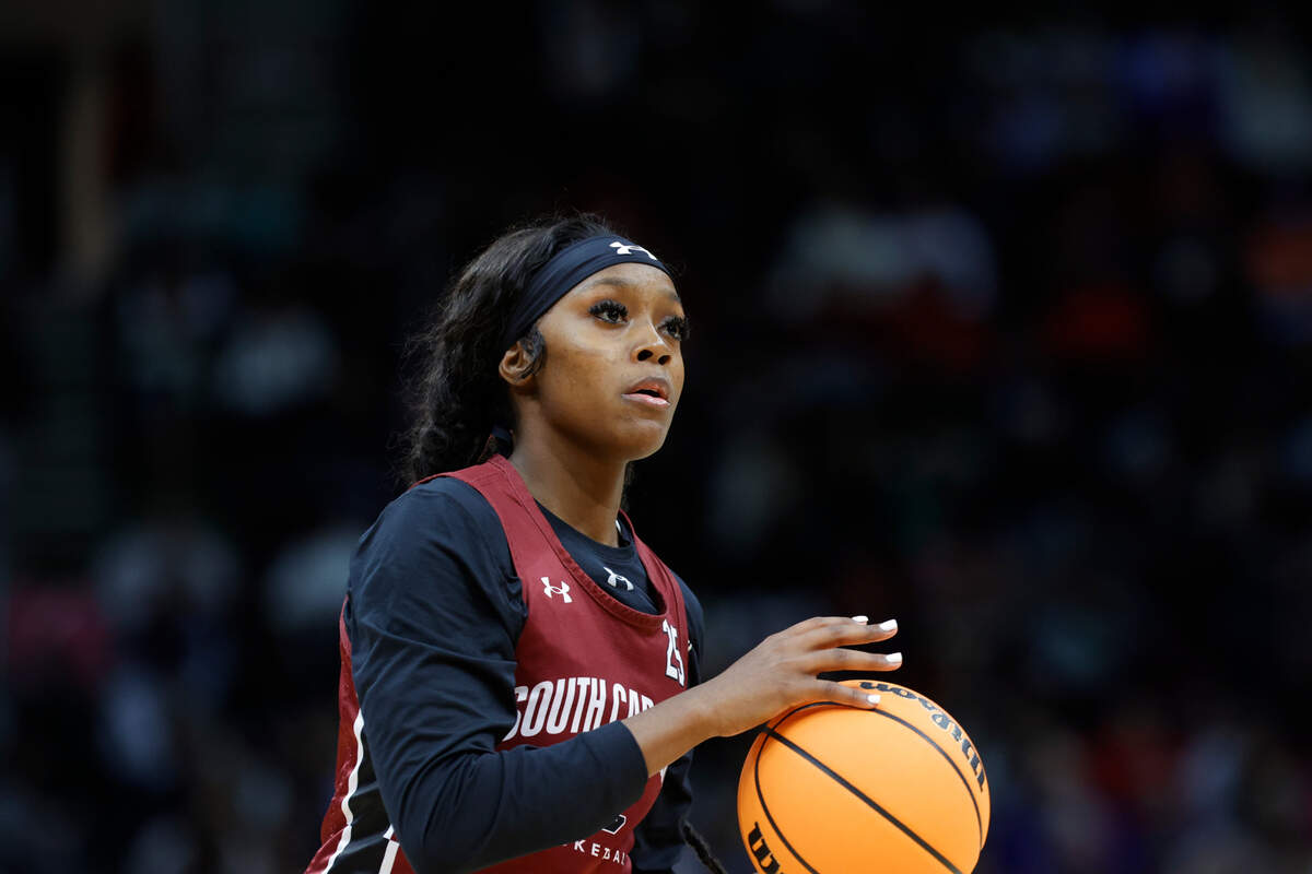 South Carolina’s Raven Johnson (25) shoots during practice in advance of the National Championship game at the Rocket Mortgage FieldHouse in Cleveland, Ohio on Saturday April 6, 2024.