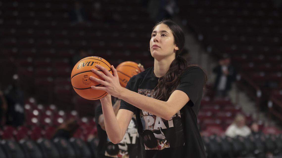South Carolina's Alicia Tournebize warms up before their women's basketball game against Georgia at Colonial Life Arena on Sunday, Jan. 11, 2026.