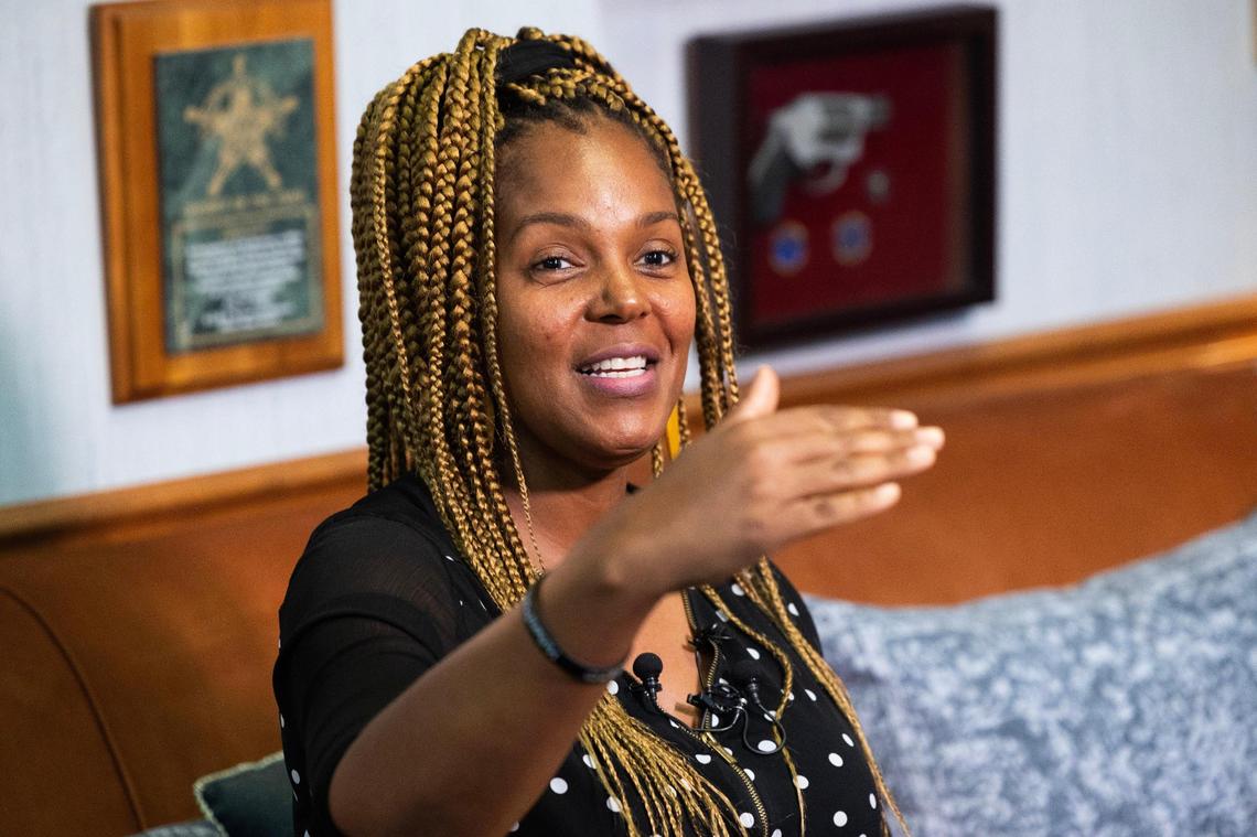 Saleemah Graham-Fleming, mother of Sanaa Amenhotep who was murdered at age 15 in 2021, speaks to media at the Richland County Sheriff’s office on Thursday, September 7, 2023.