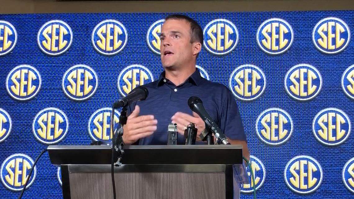 Shane Beamer speaks at the 2022 SEC spring meetings.