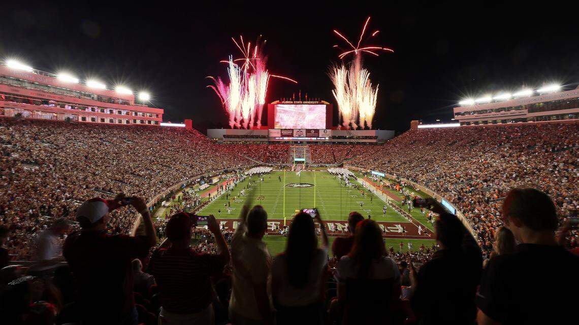 Fireworks light the sky before an NCAA college football game between Florida State and Clemson on Saturday, Oct. 15, 2022, in Tallahassee, Fla. (AP Photo/Phil Sears)
