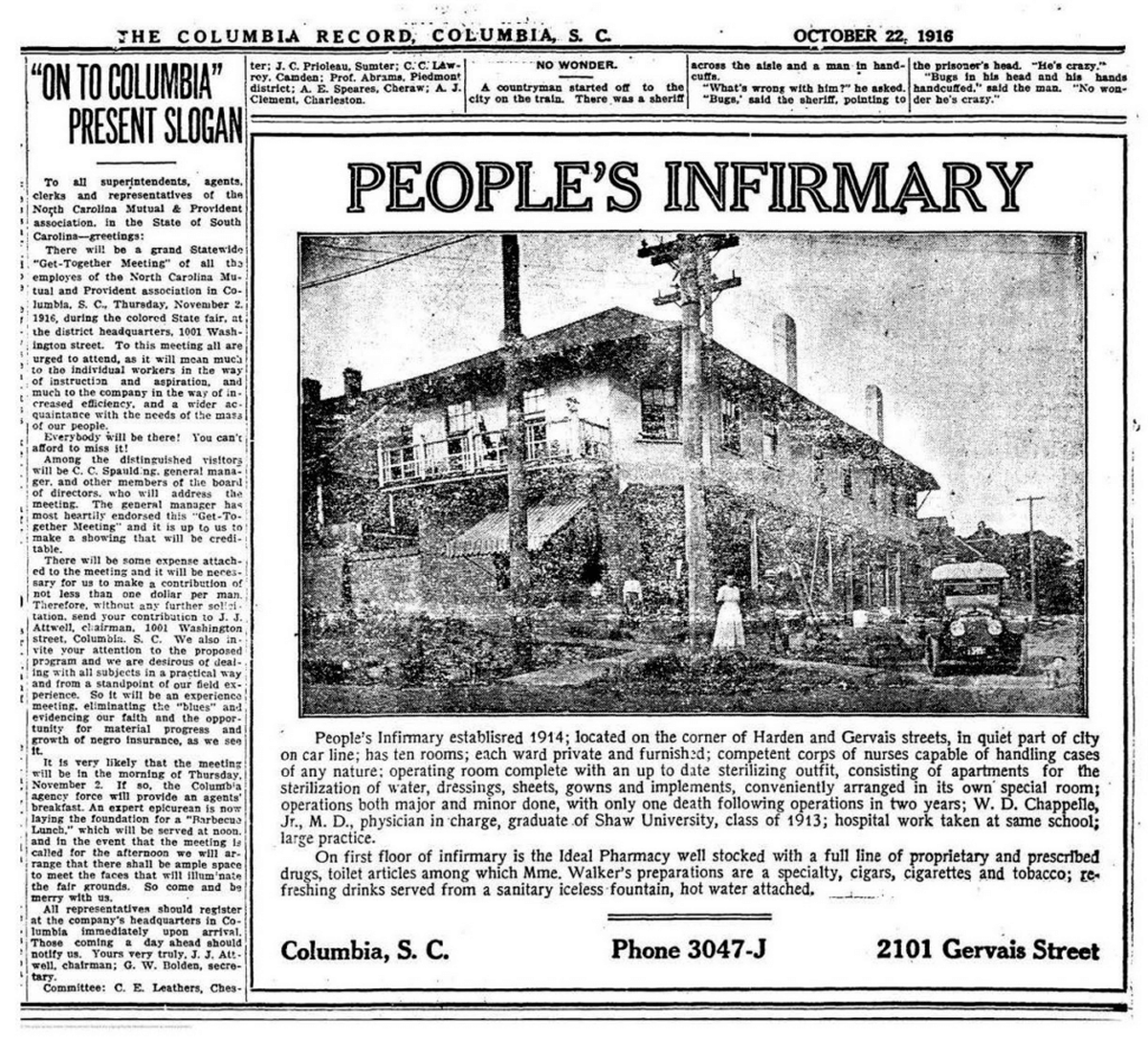A 1916 newspaper advertisement for the infirmary and pharmacy started by physician and Waverly-neighborhood native W.D. Chappelle Jr. The property was most recently office space, but developers plan to restore the building to its original appearance and convert it into housing.