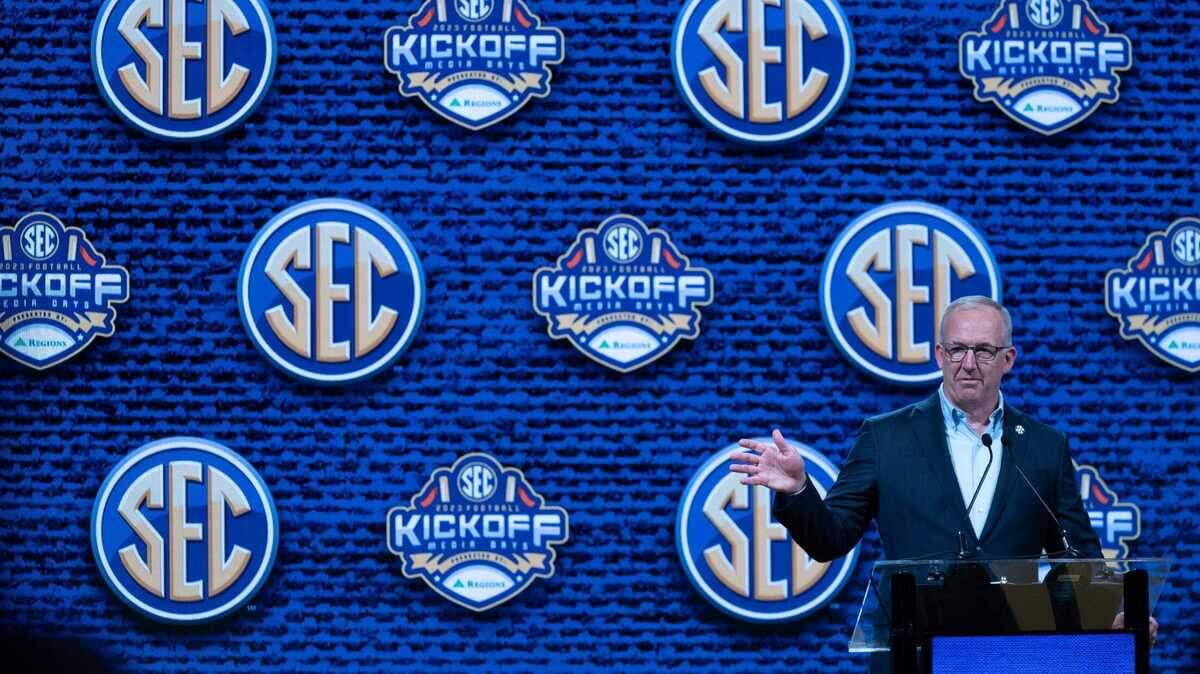 SEC Commissioner Greg Sankey kicks off the 2023 SEC Football Kickoff Media Days at the Nashville Grand Hyatt on Broadway, Monday, July 17, 2023.