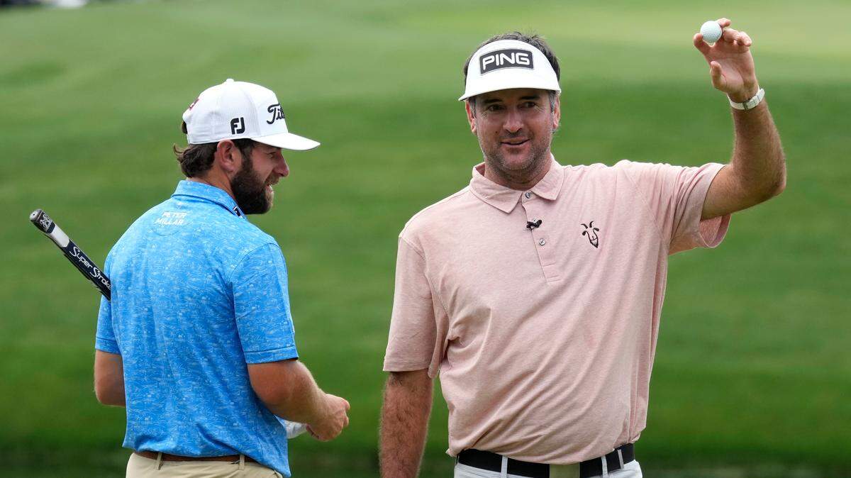 Apr 5, 2023; Augusta, Georgia, USA; Bubba Watson celebrates his hole-in-one on the fourth hole during the Par 3 Contest at The Masters golf tournament at Augusta National Golf Club. Mandatory Credit: Michael Madrid-USA TODAY Network