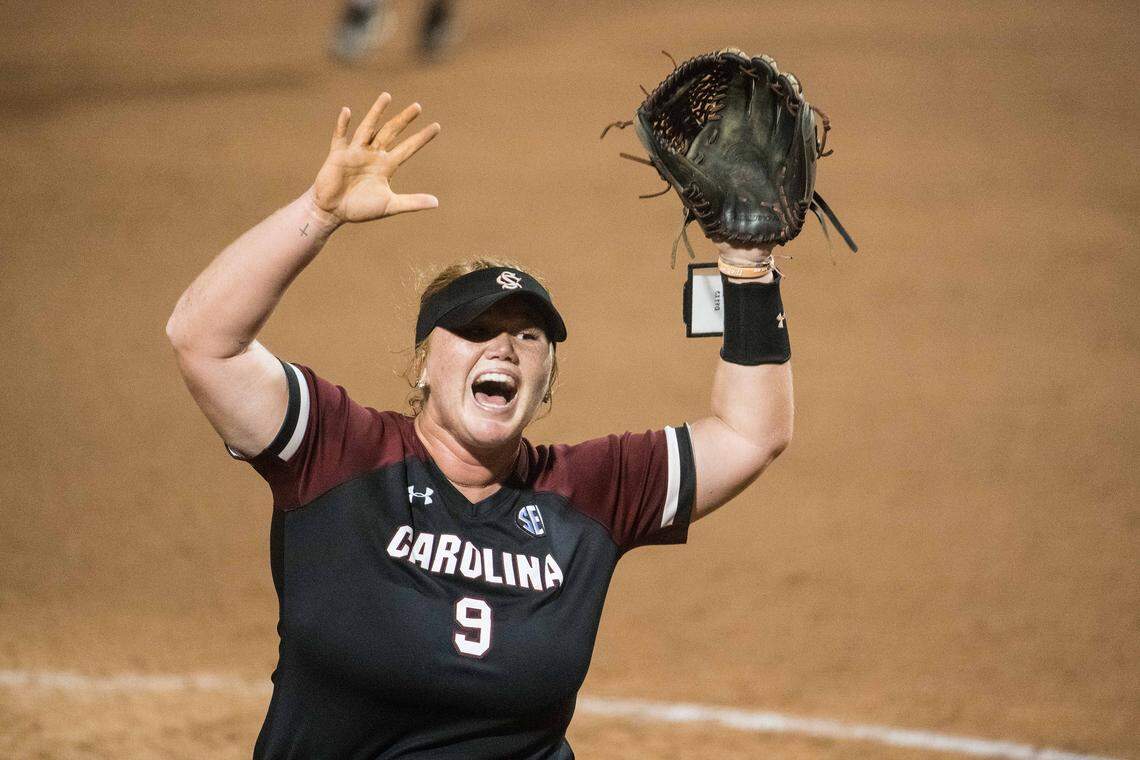 South Carolina starting pitcher Cayla Drotar celebrates after the final out against Liberty during the regional round of the NCAA tournament at Carolina Softball Stadium at Beckham Field Sunday, May 20, 2018, in Columbia, S.C. South Carolina advances to the Super Regionals after defeating Liberty twice on Sunday.