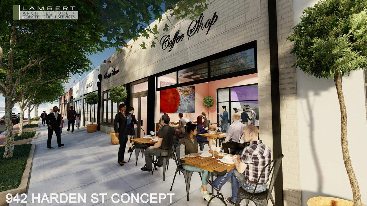A rendering of sidewalk dining at the upcoming Treadwell development in the 900 block of Harden Street in Columbia’s Five Points.