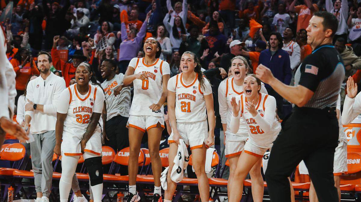 Clemson women’s basketball players celebrate during an upset win against No. 9 Duke on Sunday, Feb. 22, 2026 at Littlejohn Coliseum in Clemson.