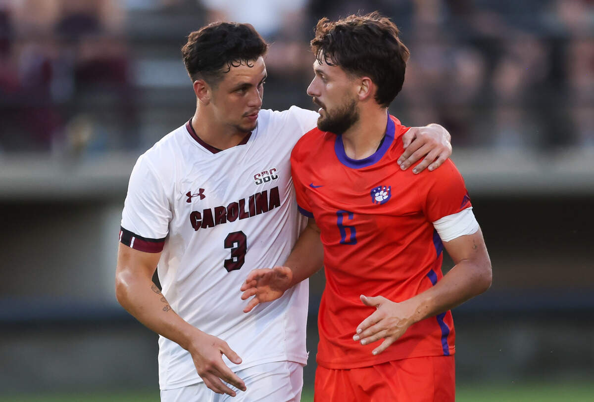 South Carolina defender Gabriel Atienza (3) speaks with Clemson midfielder Joran Gerbet (6) during the Gamecocks’ game against Tigers in Columbia on Friday, August 30, 2024.