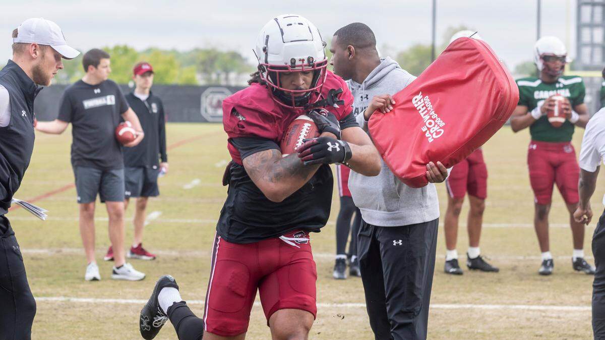 South Carolina wide receiver Antwane Wells Jr. (3) runs the ball during the Gamecocks’ practice in Columbia on Thursday, March 23, 2023.