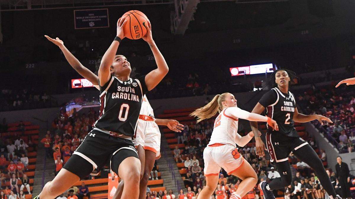South Carolina guard Te-Hina Paopao (0) takes a shot against Clemson during the second quarter Wednesday at Littlejohn Coliseum.