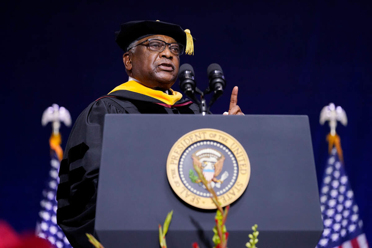 Rep. Jim Clyburn, D-S.C., speaks during the South Carolina State University’s 2021 Fall Commencement Ceremony in Orangeburg, S.C., Friday, Dec. 17, 2021. President Joe Biden will deliver the keynote address. (AP Photo/Carolyn Kaster)
