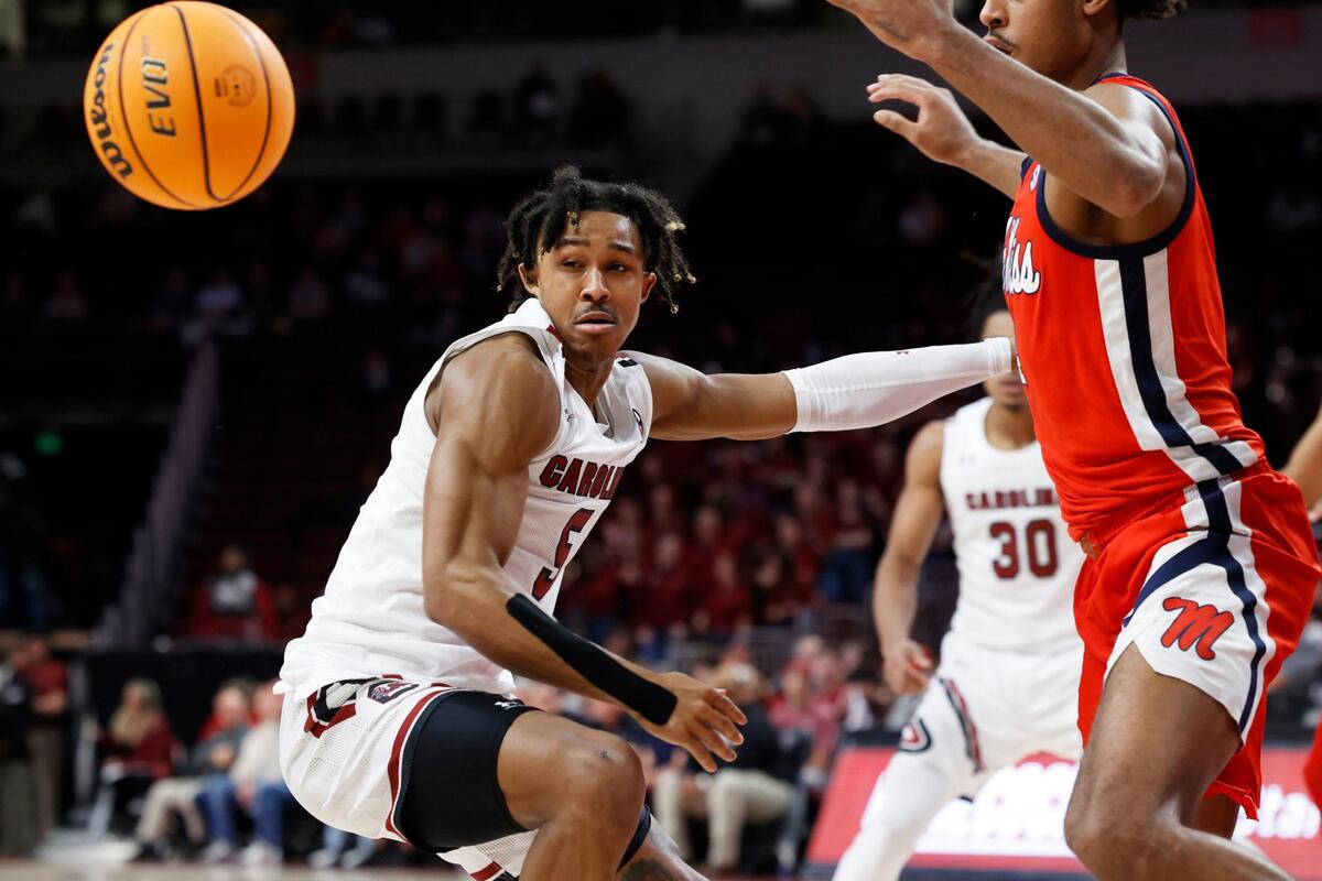 South Carolina Gamecocks guard Meechie Johnson (5) plays Ole Miss at Colonial Life Arena on Tuesday, January 17, 2023.