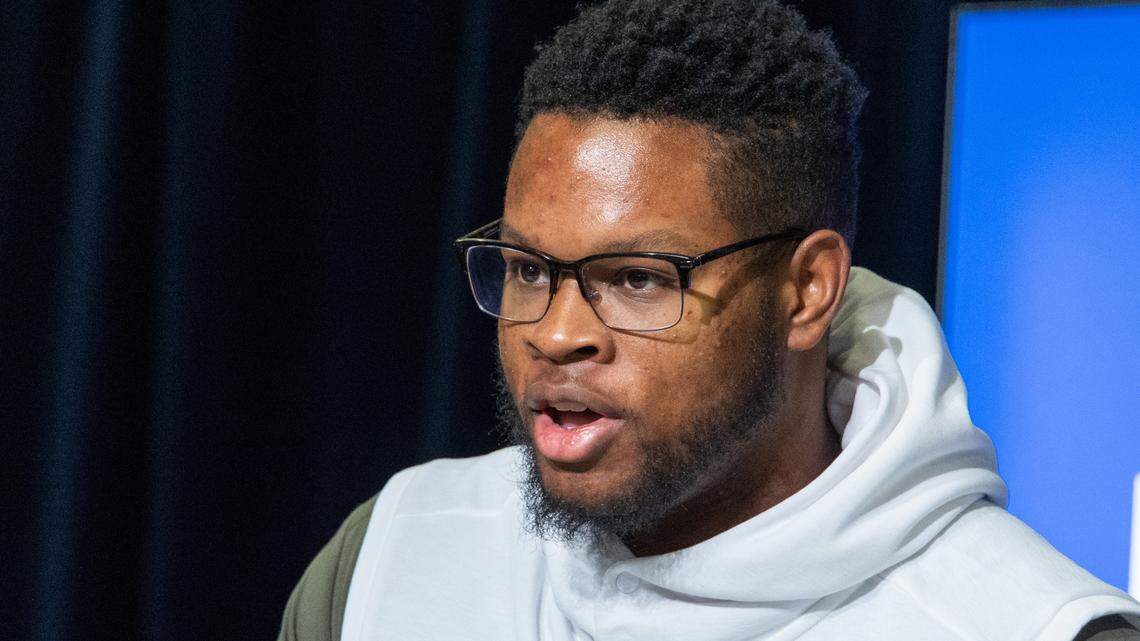 Mar 1, 2023; Indianapolis, IN, USA; Clemson defensive lineman Myles Murphy (DL42) speaks to the press at the NFL Combine at Lucas Oil Stadium. Mandatory Credit: Trevor Ruszkowski-USA TODAY Sports