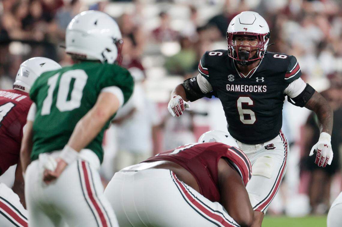 South Carolina’s Dylan Stewart plays football during the Garnet and Black game on April 20, 2024.