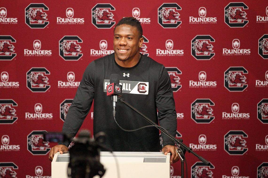 South Carolina defensive back Devonni Reed speaks with reporters on March 2, 2022.