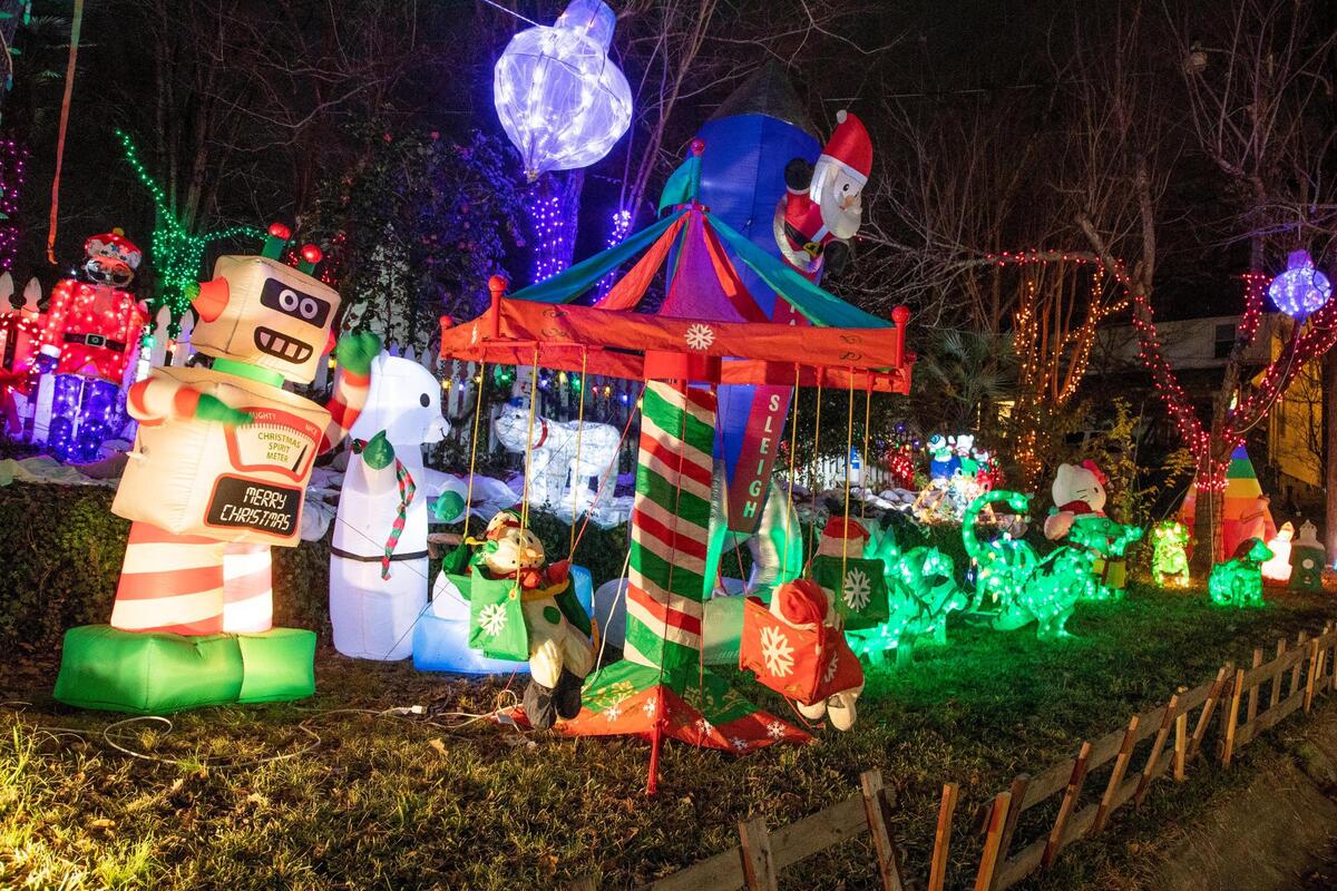 A holiday light display on Hudson Street in West Columbia, South Carolina on Wednesday, December 23, 2020. The display featured a Mary and Joseph wearing masks.
