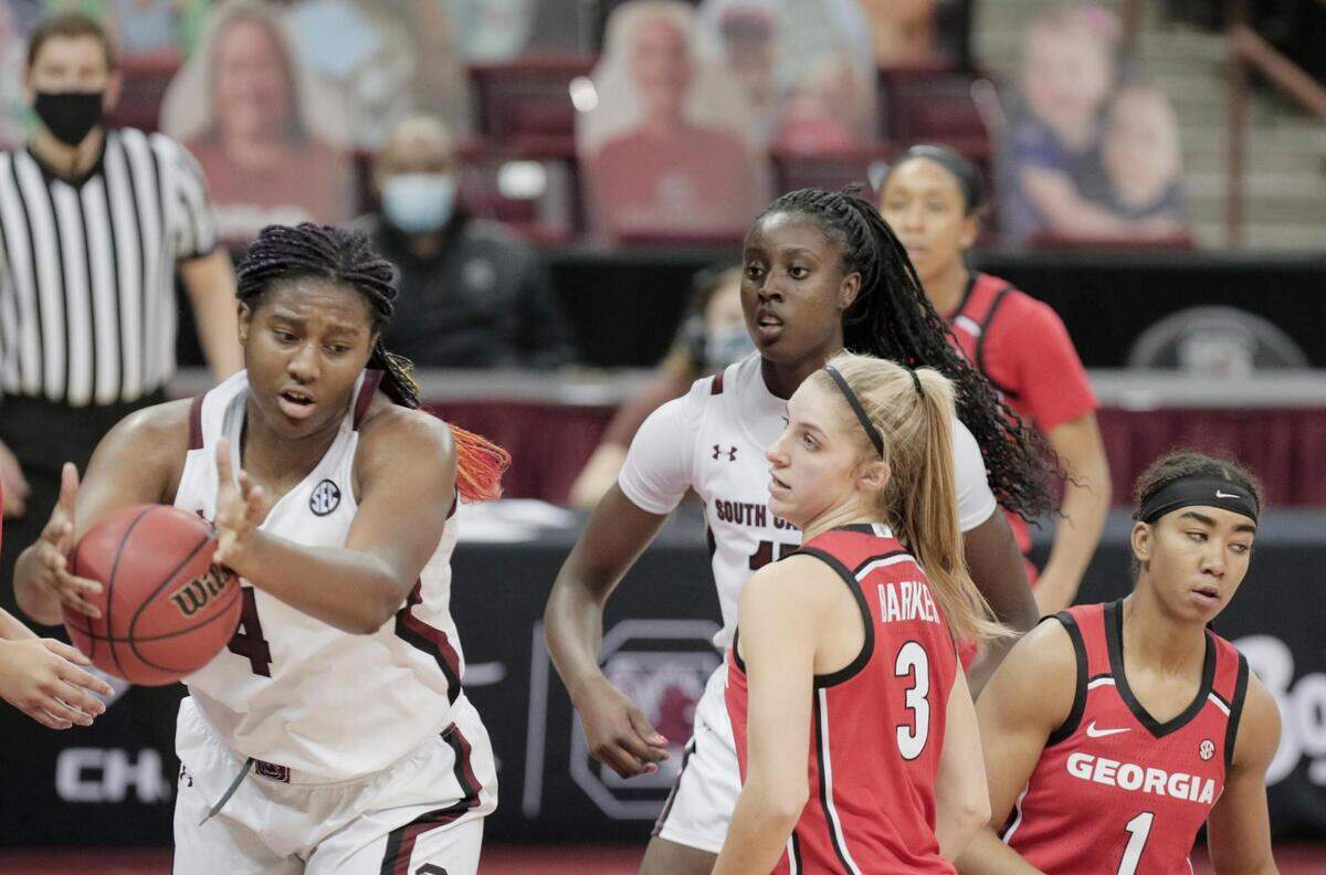 South Carolina Gamecocks forward Aliyah Boston (4) recovers the ball at Colonial Life Arena on Thursday, January 21, 2021.