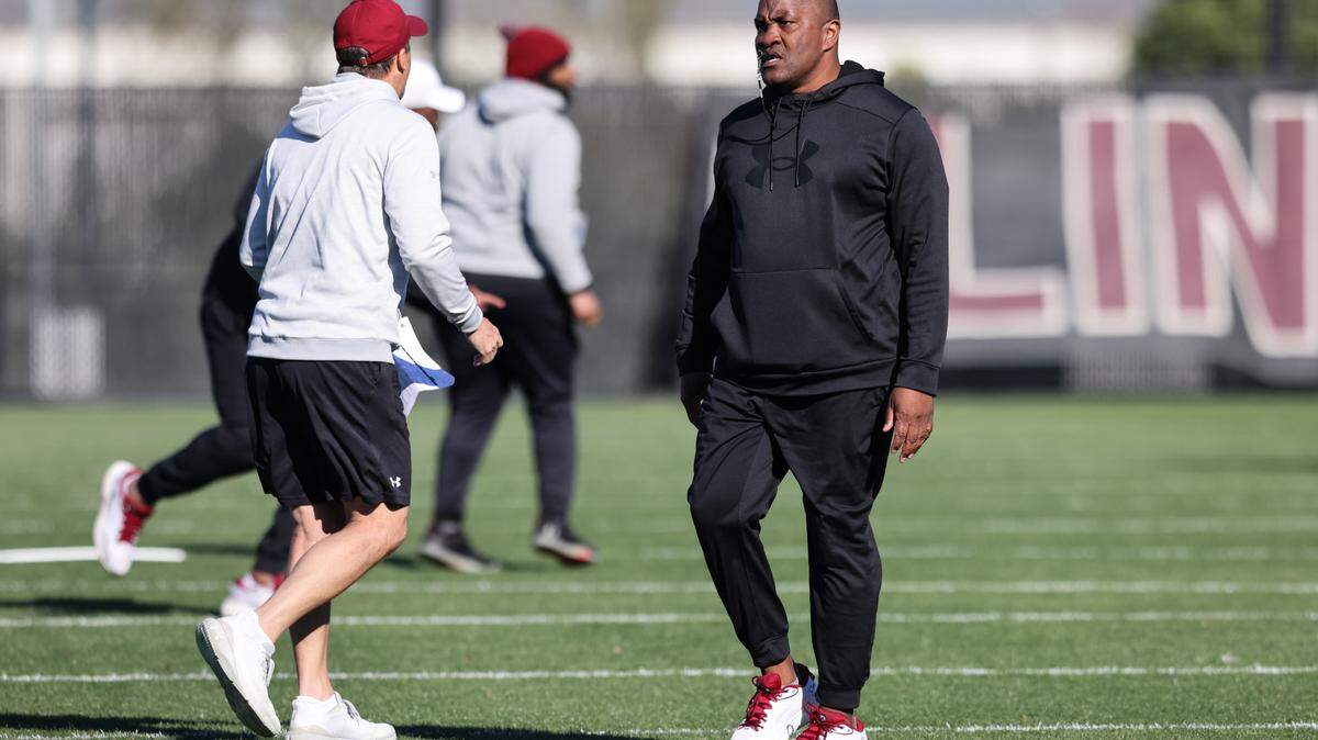 South Carolina defensive coordinator Clayton White watches as players run drills during the Gamecocks’ practice in Columbia on Tuesday, March 19, 2024.