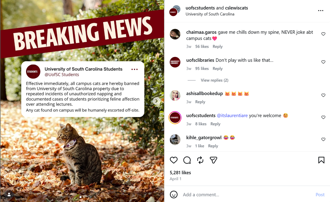 An Instagram post about the ban on campus cats that pranked thousands of people for April Fool’s Day.