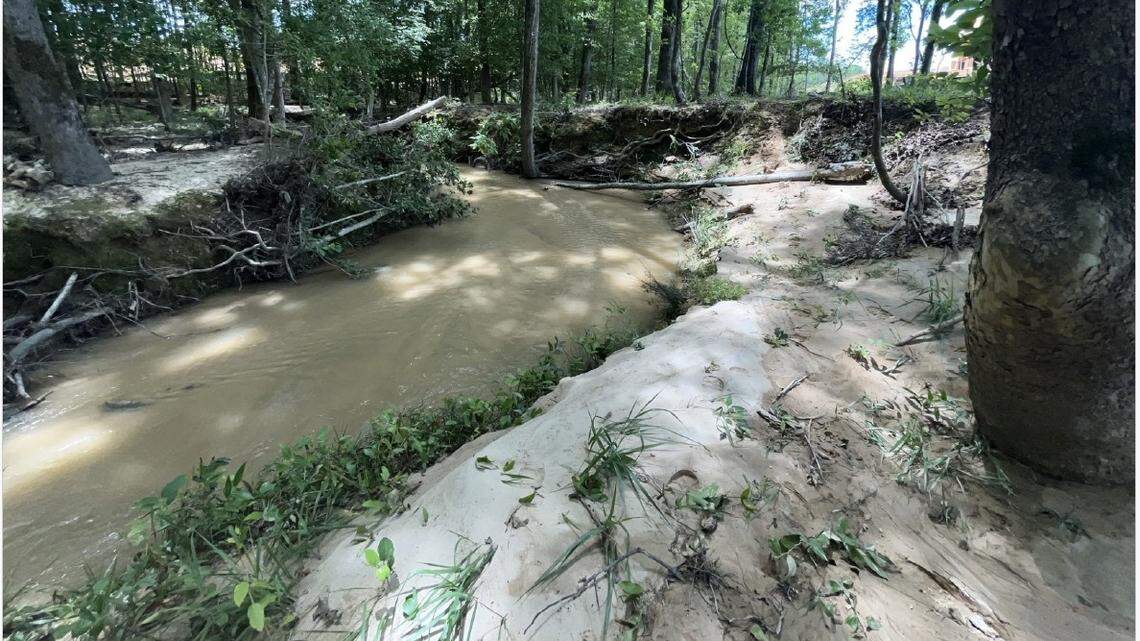 This photograph of a muddy creek at the Scout electric vehicle project site is contained in S.C. Department of Environmental Services files. Work crews repeatedly violated rules to keep sediment from washing off the site, records show. The mud turned once-clear running creeks into muddy streams.