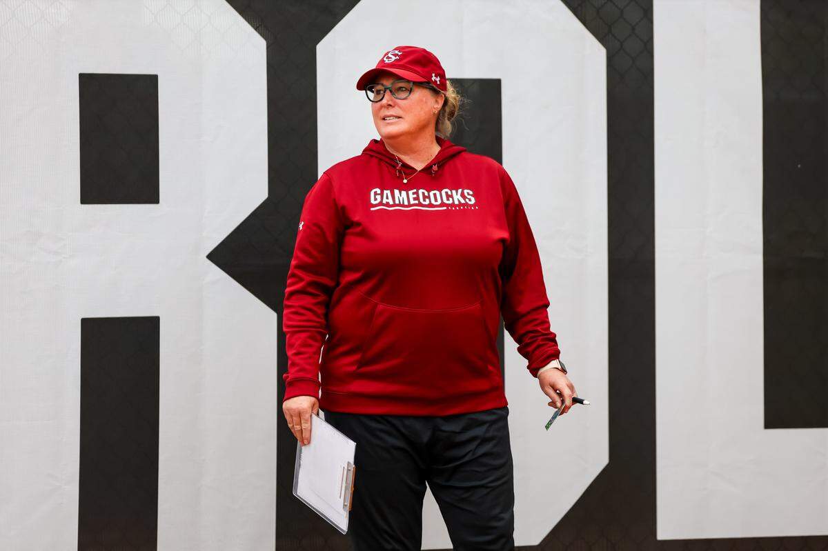 South Carolina Gamecocks head coach Beverly Smith before their game against UNCG in the Carolina Classic at Carolina Softball Stadium Friday, Feb. 9, 2024.