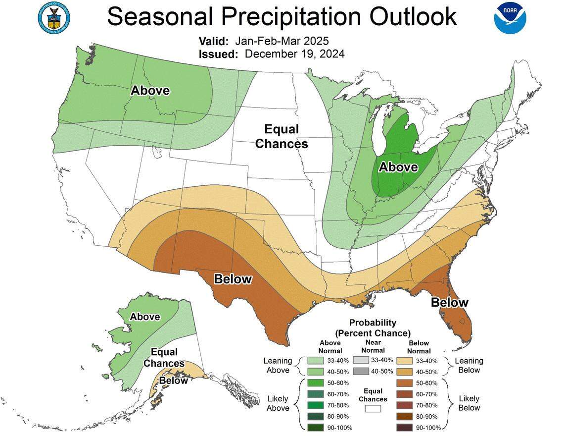 A map of the U.S. that shows rainfall forecasts for January through March 2025.