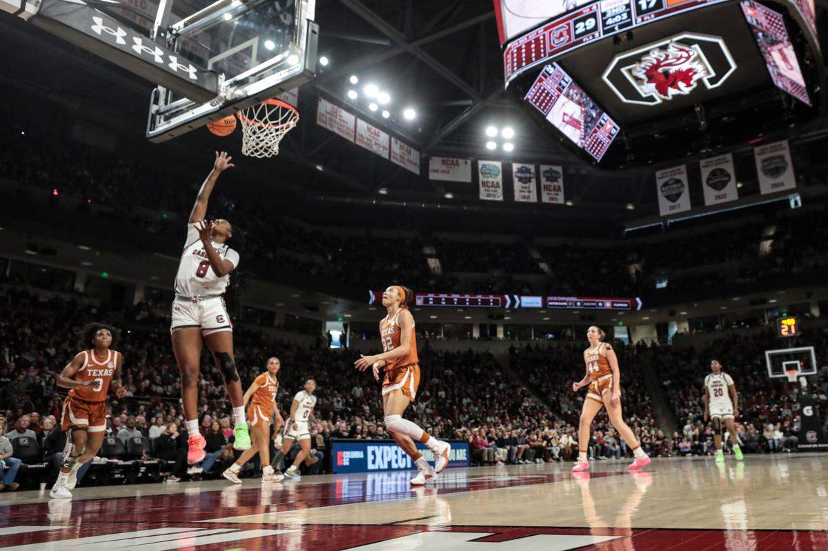 University of South Carolina’s Joyce Edwards (8) shoots during the first half of action against Texas in the Colonial Life Arena on Sunday, Jan. 12, 2025.