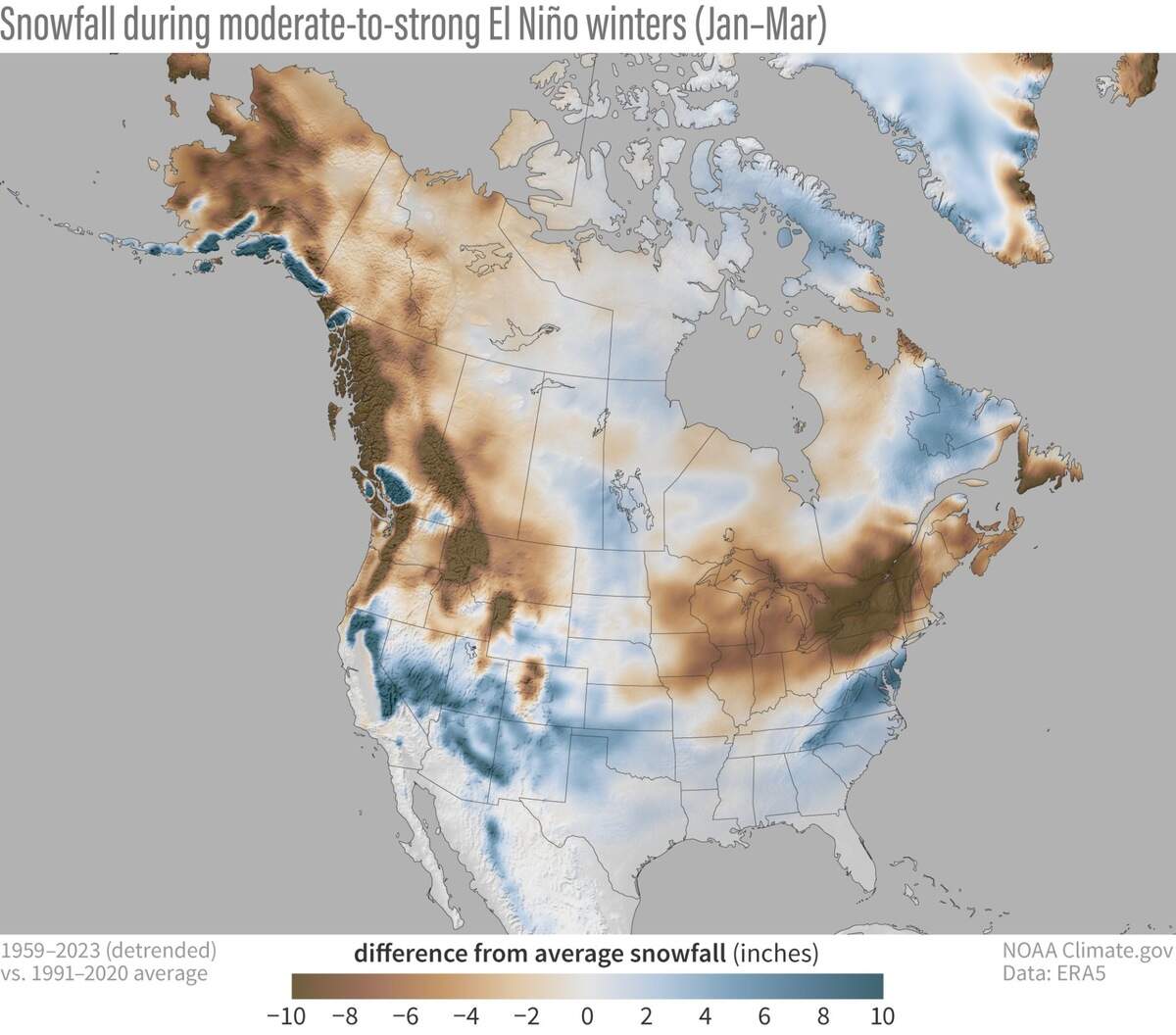 A map of the U.S. that shows snowfall during moderate to strong El Niño events.