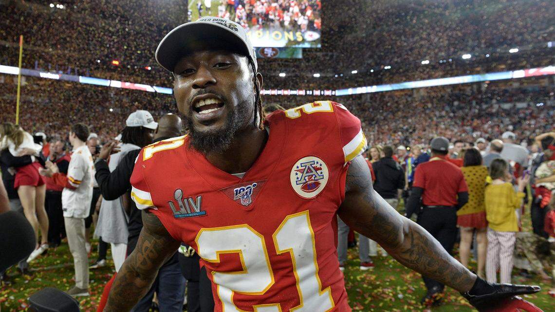 Kansas City Chiefs defensive back Bashaud Breeland (21) reacts during an interview after the Chiefs defeated the San Francisco 49ers 31-20 during Super Bowl 54 at Hard Rock Stadium in Miami Feb. 2, 2020.