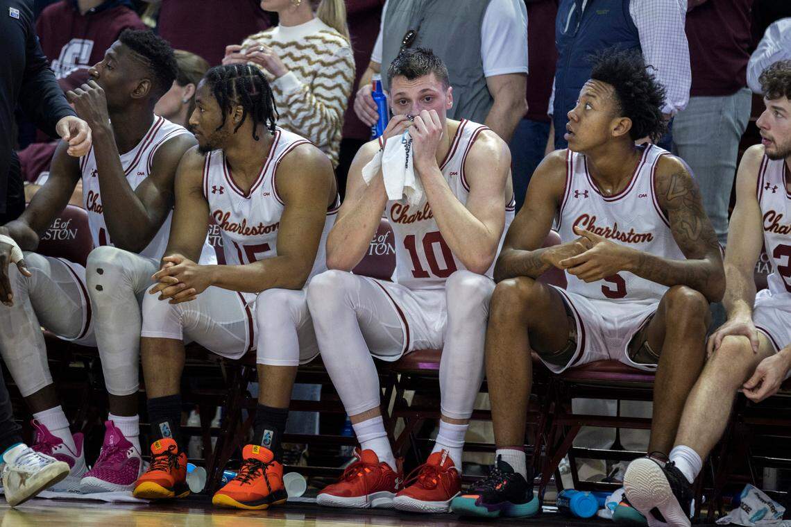 Charleston forward Ante Brzovic (10) reacts on the beach during the second half of an NCAA college basketball game against Hofstra, Saturday, Jan. 28, 2023, in Charleston, S.C. (AP Photo/Stephen B. Morton)