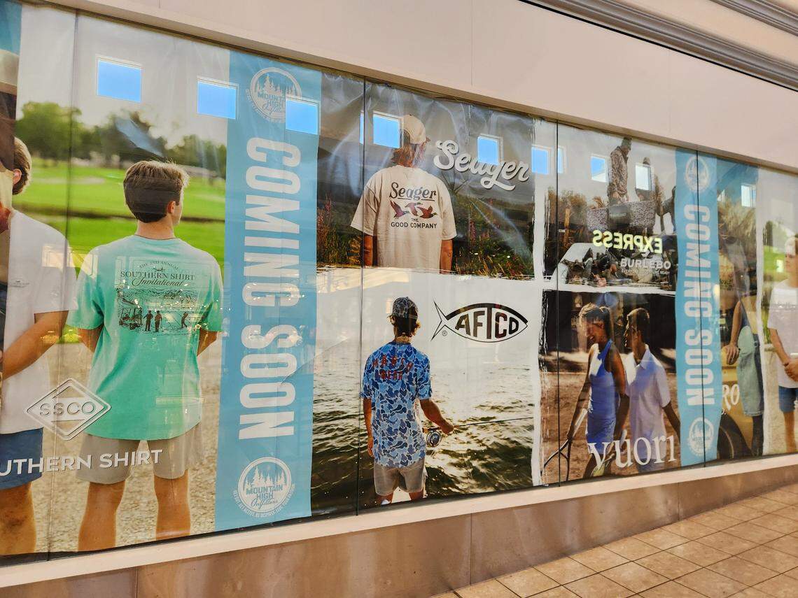 Banners announce a Mountain High Outfitters location is coming to Columbiana Centre mall in Columbia, SC.