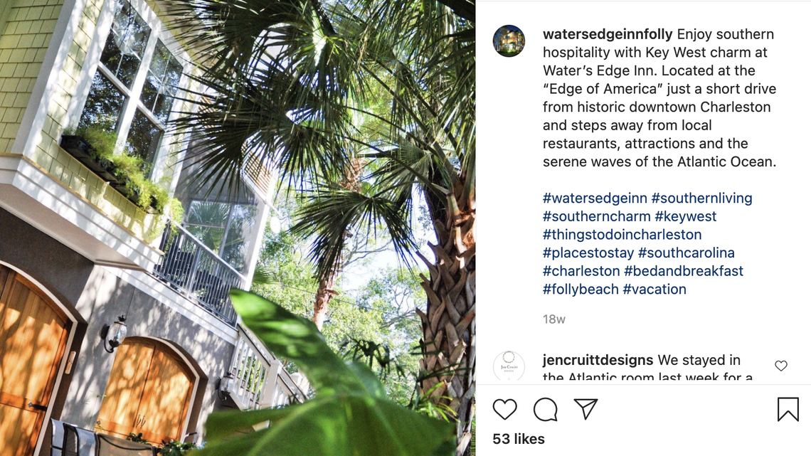 This Instagram post from Water’s Edge Inn shows the Folly Beach accommodation, which was named the best bed and breakfast in South Carolina by Yelp, a national review site.